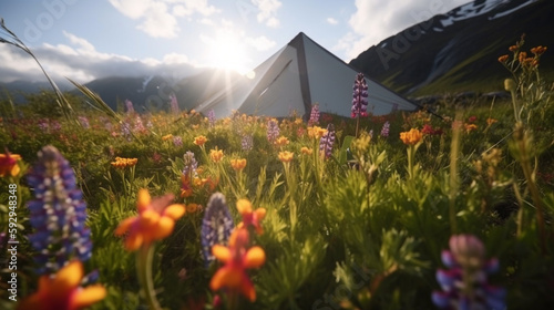 camping tent in misty mountains with beautiful flower
