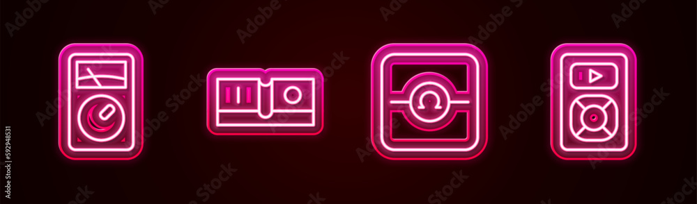 Set line Ampere meter, multimeter, Electric light switch, Ohmmeter and Music player. Glowing neon icon. Vector Set line Ampere meter, multimeter, Electric light switch, Ohmmeter and Music player. Glowing neon icon. Vector