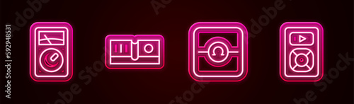 Set line Ampere meter, multimeter, Electric light switch, Ohmmeter and Music player. Glowing neon icon. Vector
