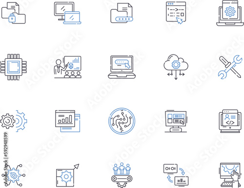 Programming coding outline icons collection. Coding, Programming, Scripting, Compiling, Debugging, Syntax, Algorithms vector and illustration concept set. Variables, Functions, Modules linear signs