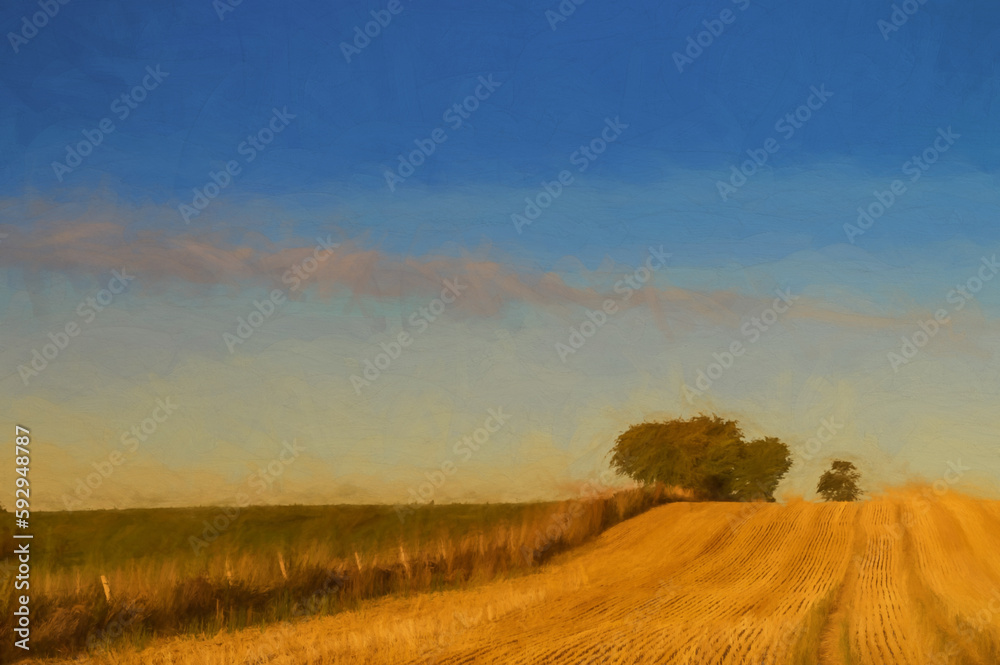 Digital painting of trees on the horizon of a wheat field that has been cut. Digital painting of trees on the horizon of a wheat field that has been cut.