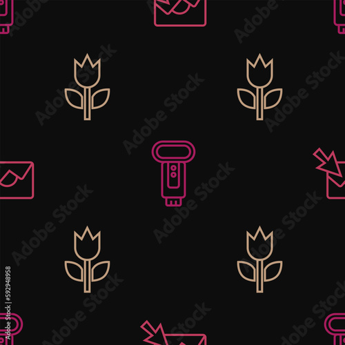 Set line Photo retouching, mode macro and camera flash on seamless pattern. Vector
