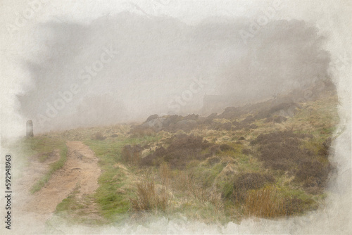 Springtime digital watercolour painting of a sunrise cloud inversion  and mist at The Roaches  Staffordshire.