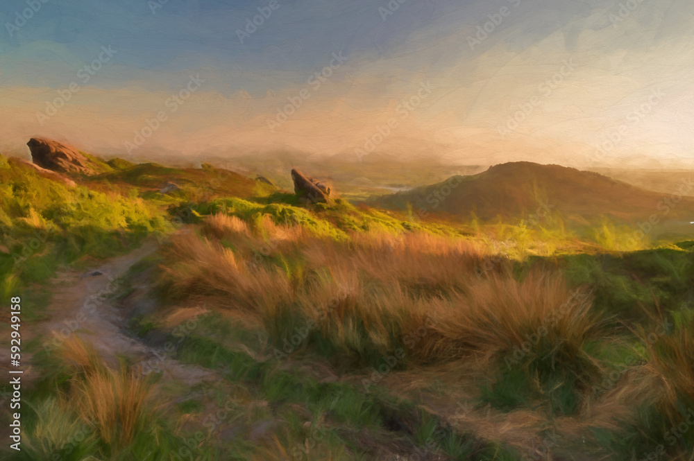 Digital painting of the heather and rocks at Ramshaw Rocks at the Roaches in the Peak District National Park.