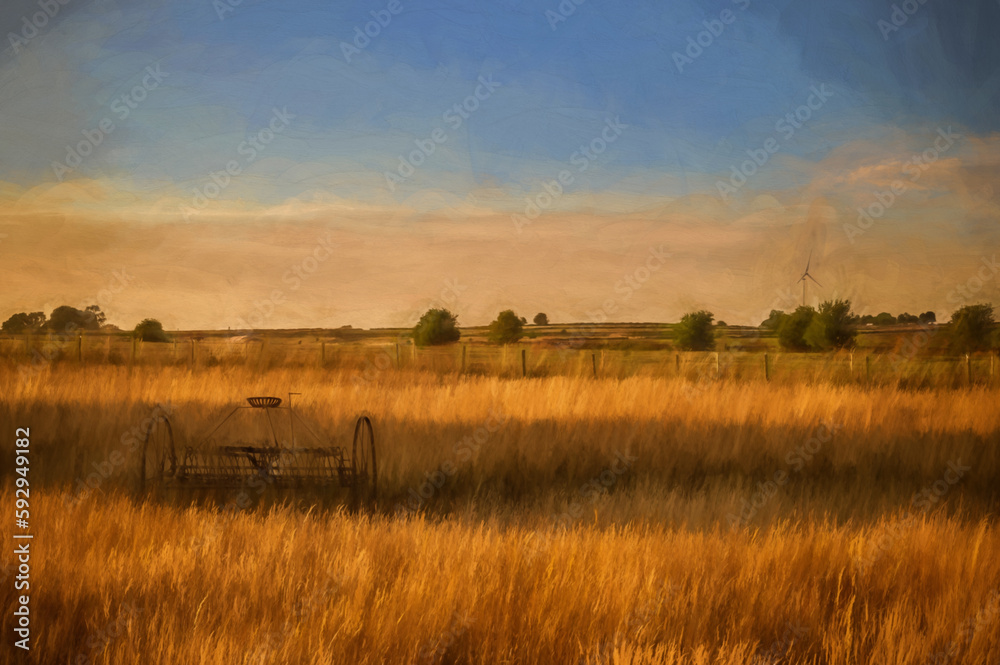 Digital painting of an antique hay rake in a farmers field at sunset.
