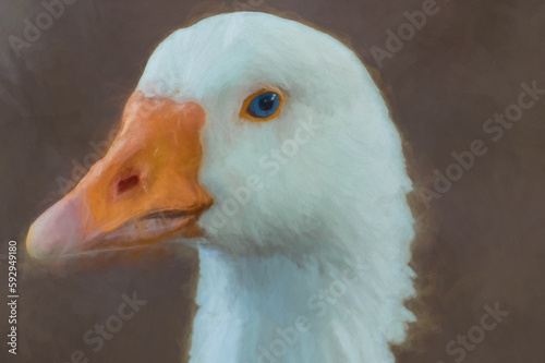 Digital painting of a beautiful white Goose captured closeup and in profile, with a bright orange beak, blue eyes and a bokeh background.