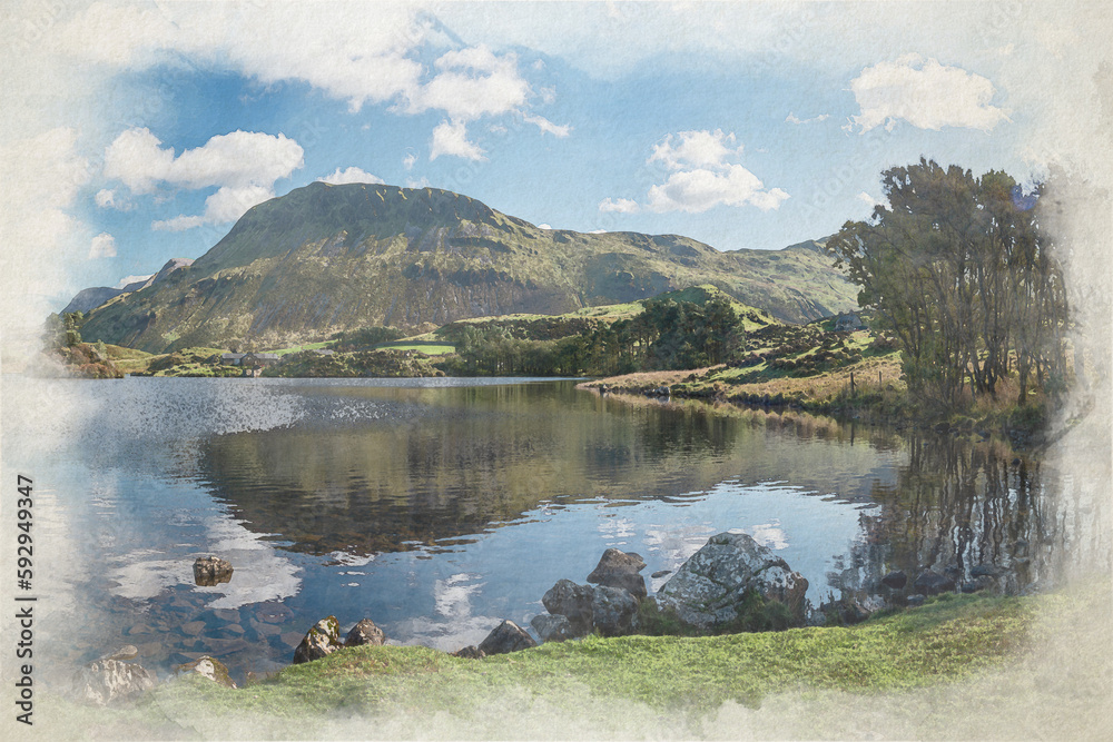 Obraz premium Digital watercolour painting of Penygader, and Cadair Idris during autumn in the Snowdonia National Park, Dolgellau, Wales.