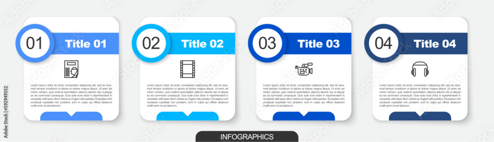 Fototapeta premium Set line Cinema poster, Play Video, camera and Headphones. Business infographic template. Vector