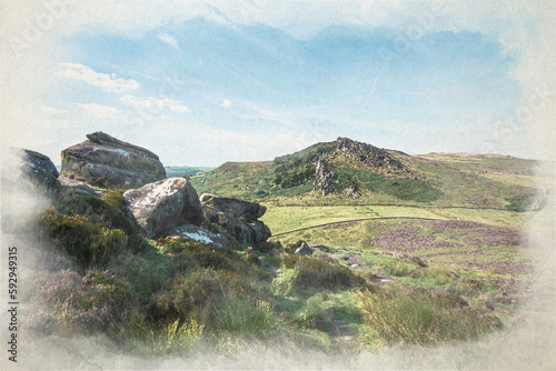 Panoramic digital watercolour painting of The Roaches from Hen Cloud in the Peak District National Park.