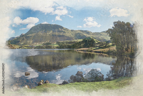 Digital watercolour painting of Penygader, and Cadair Idris during autumn in the Snowdonia National Park, Dolgellau, Wales. photo