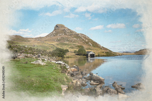 Pared y Cefn-hir digital watercolour painting during autumn in the Snowdonia National Park, Dolgellau, Wales. photo
