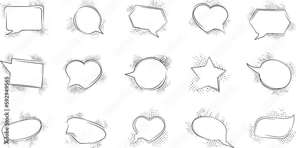 Fototapeta premium Vector illustration. Funny dotted banners. Retro comic empty speech bubbles set. Vintage design elements for poster, cover, layout, brochure, magazine, card. Pop art style. Set of 15 graphic elements