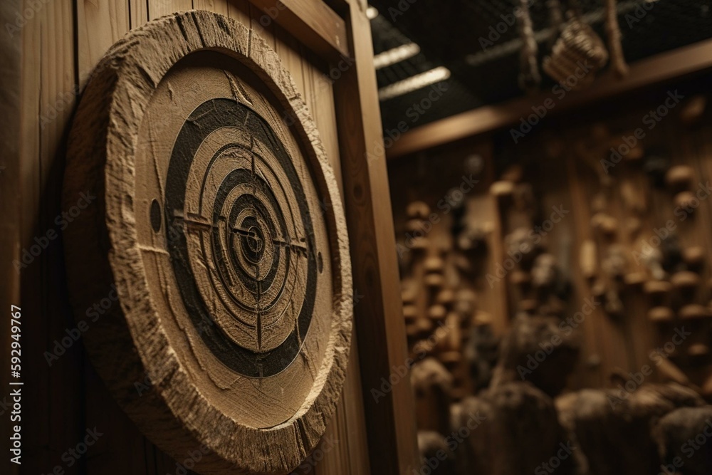 Axe throwing target with axe in center on bullseye. Generative AI
