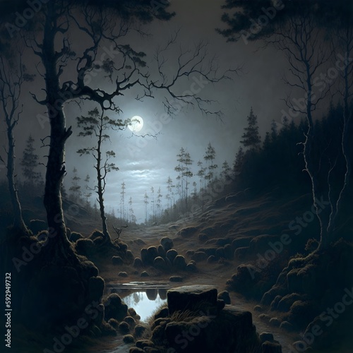 Obraz na płótnie dark forest moonlight cinematic lighting Caspar David Friedrich romantic oil pai