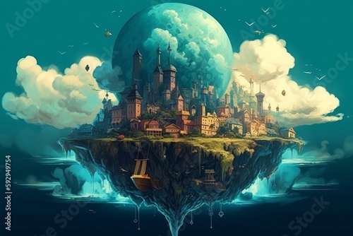 Floating island with a castle on top. fantasy art. Generative AI. © Татьяна Петрова