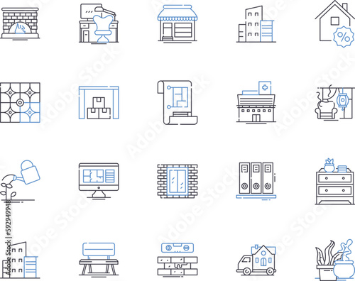 Apartments and accomodation outline icons collection. Accommodation, Apartments, Rentals, Bedsitters, Leases, Suites, Flats vector and illustration concept set. Lodgings, Habitations, Pads linear
