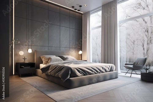 Luxurious gray and white bedroom. Photorealistic style. Generative AI.