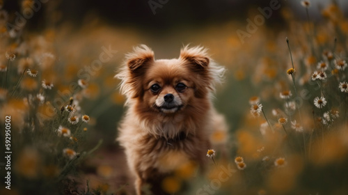 Hund Portrait in einem gelben Blumenfeld