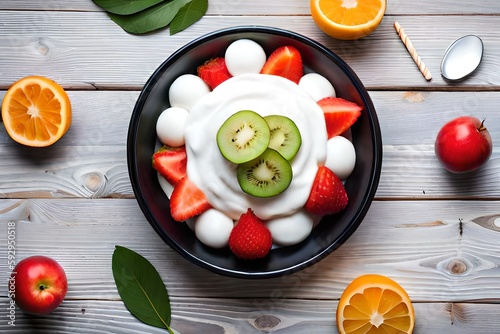 Fruit salad. Pieces of fresh fruits and kiwi in a black ceramic plate served with yogurt