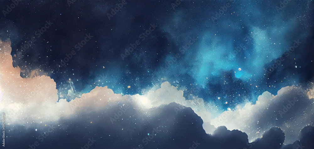 Fototapeta premium Night sky with clouds and stars, abstract watercolor texture background, illustration, created using ai tool