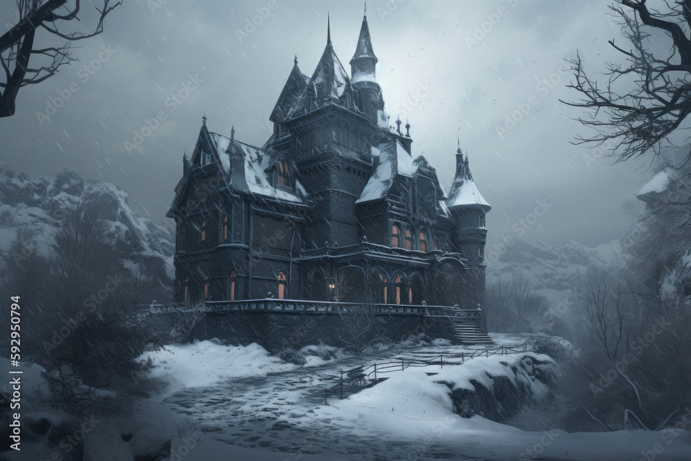 An old gothic house is surrounded by snow and ice in the style of eerily realistic. Generative AI.