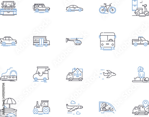 Transport and travel outline icons collection. Logistics, Planes, Boats, Trains, Roads, Ridesharing, Buses vector and illustration concept set. Autos, Taxis, Cabs linear signs