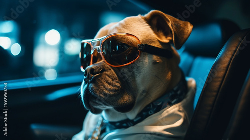 Hund mit Brille sitzt in Auto und schaut aus Autofenster heraus - Generative AI Content