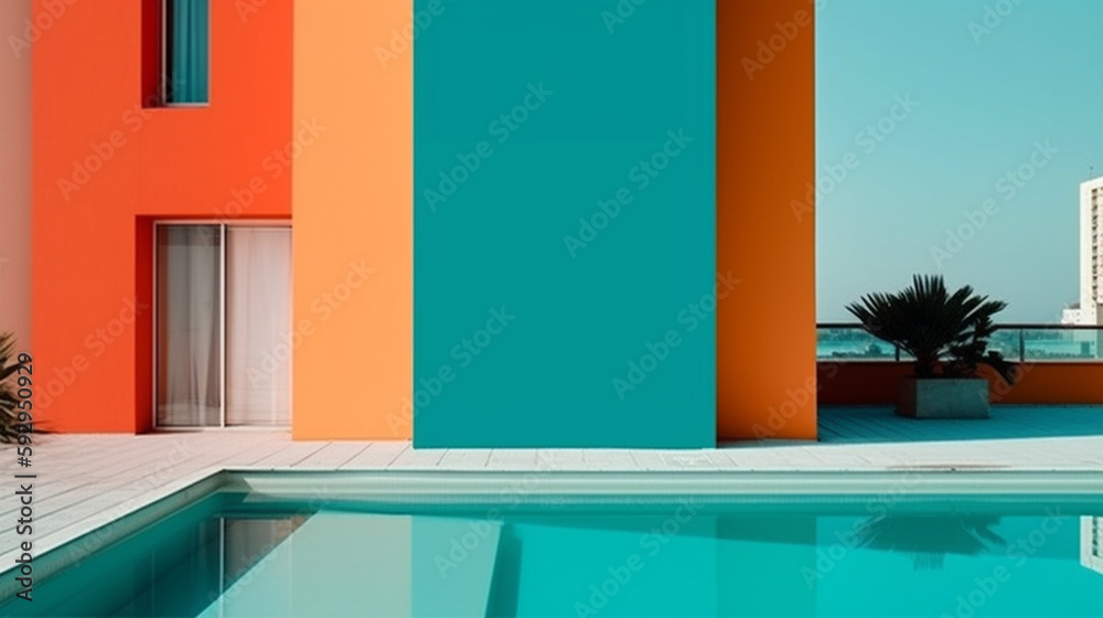 Swimming pool with orange and blue wall Generative AI