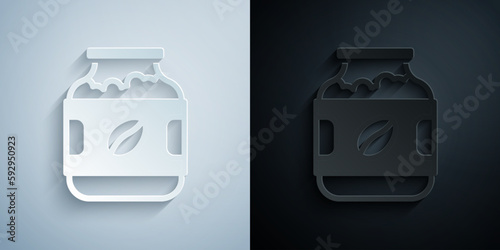 Paper cut Coffee jar bottle icon isolated on grey and black background. Paper art style. Vector