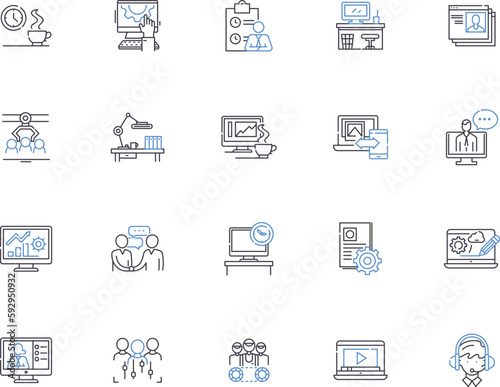 Workplace outline icons collection. Job, Office, Building, Desk, Employee, Team, Environment vector and illustration concept set. Supervisor, Floor, Meeting linear signs