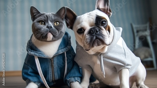 Hund und Katze machen ein Selfie in Klamotten, Portrait photo