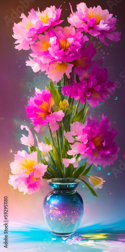 Colorful spring flowers in glass vase. AI generated illustration