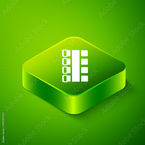 Isometric Hunting cartridge belt with cartridges icon isolated on green background. Bandolier sign. Hunter equipment, armament. Green square button. Vector