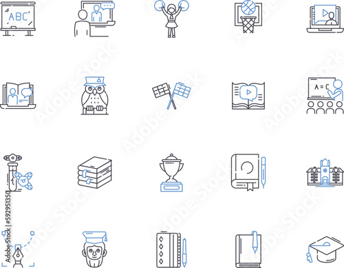 University outline icons collection. University, College, Institution, Campus, Education, Studying, Learning vector and illustration concept set. Teaching, Degrees, Majors linear signs