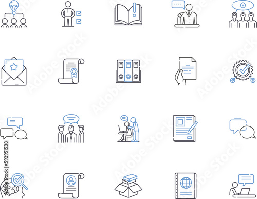 Intellectual property outline icons collection. Copyrights, Patents, Trademarks, Licensing, Royalties, Trade Secrets, Invention vector and illustration concept set. Know-how, Designs, IP linear signs