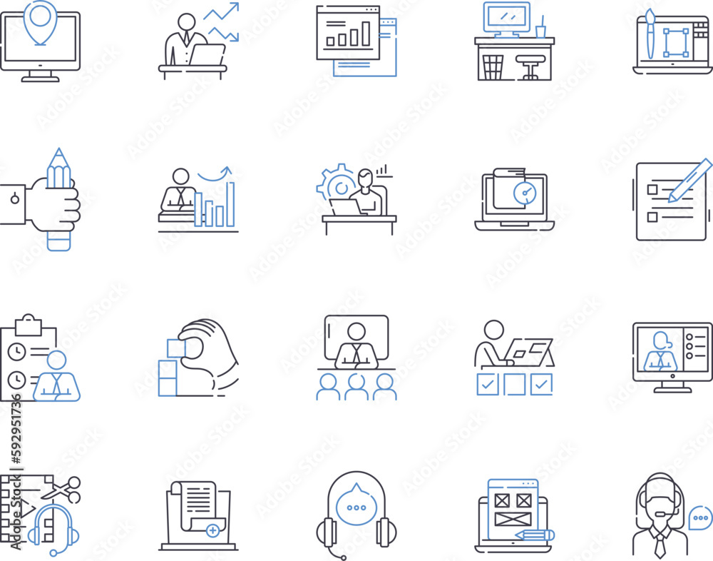 Workflow and career outline icons collection. career, workflow, jobs, skills, success, progression, pathways vector and illustration concept set. dreams, challenges, growth linear signs