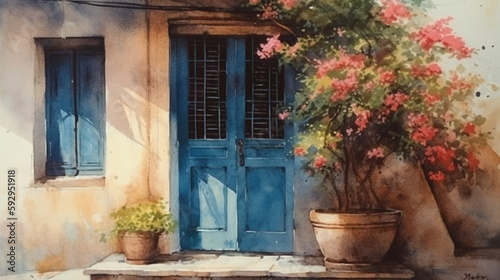 water color painting of old house with bougainvillea in front of blue door © bahadirbermekphoto