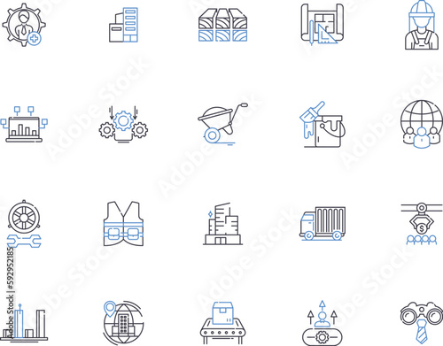 Factory outline icons collection. Factory, Manufacturing, Works, Plant, Warehouse, Manufacturing, Produce vector and illustration concept set. Machinery, Labor, Assemble linear signs