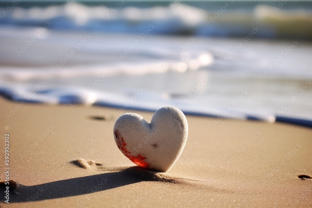 A red heart on the beach, a symbol of summer love, water strands from the sea A red heart on the beach, a symbol of summer love, water strands from the sea