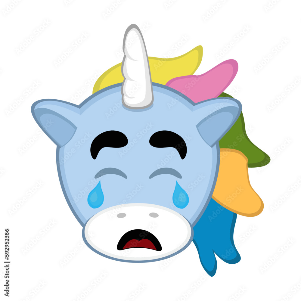 Naklejka premium vector illustration face of a cartoon unicorn, a sad expression, crying with tears in its eyes