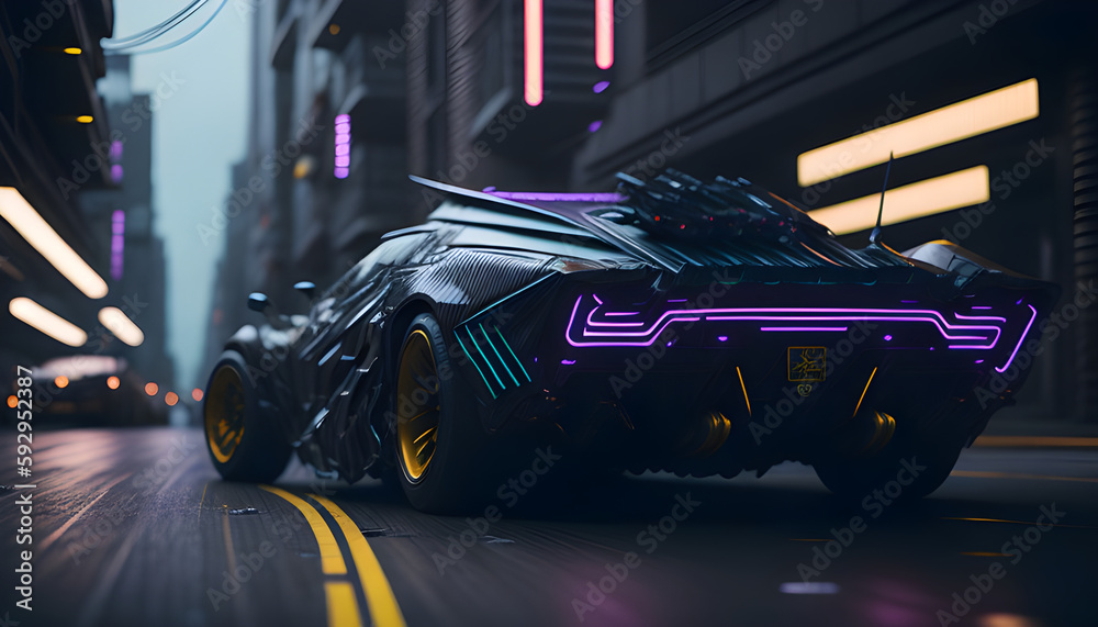 fast moving car on the road, neon racing car on the road, car wallpaper, dystopian cyberpunk city background, soft diffused glowing neon lighting, mist, fog, crepuscular rays, Generative AI