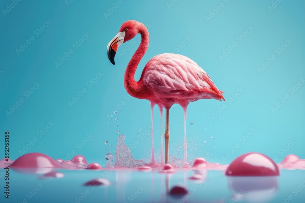 Fototapeta premium Pink stick ice cream melting with flamingo float on pastel blue background. AI generated