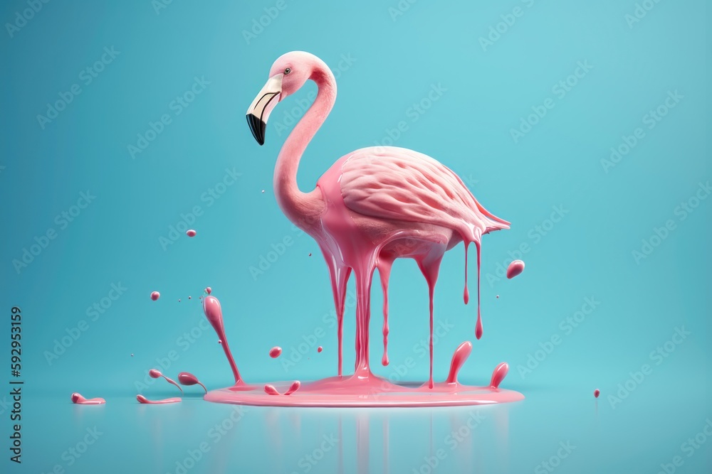 Obraz premium Pink stick ice cream melting with flamingo float on pastel blue background. AI generated
