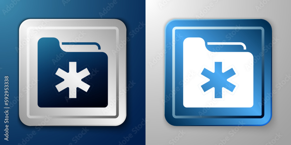 White Medical health record folder for healthcare icon isolated on blue and grey background. Patient file icon. Medical history symbol. Silver and blue square button. Vector