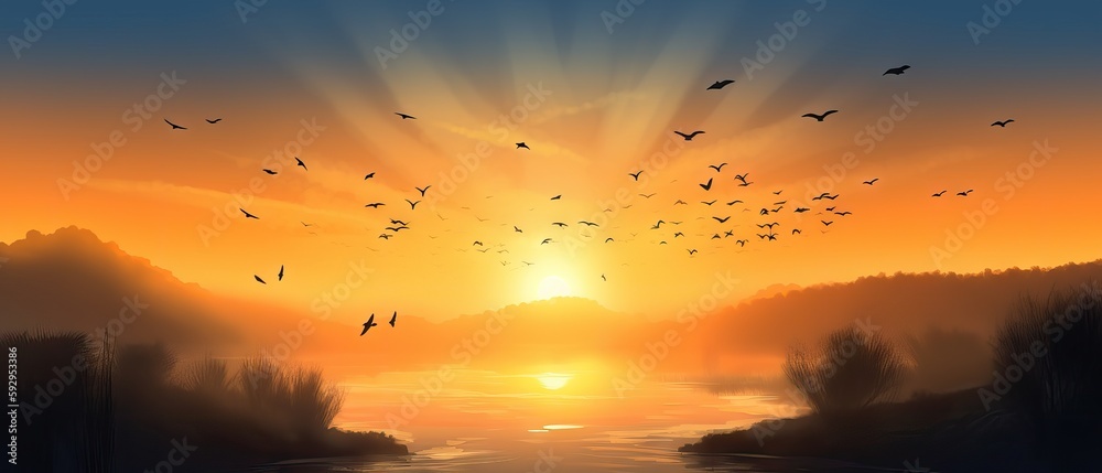 Hot summer, heat wave background, orange sky with clouds and birds, glowing sun, Generative AI