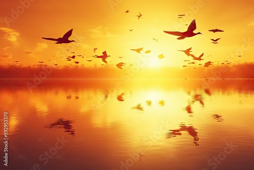 Hot summer, heat wave background, orange sky with clouds and birds, glowing sun, Generative AI