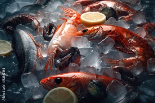 Seafood with ice creative illustration. AI generated