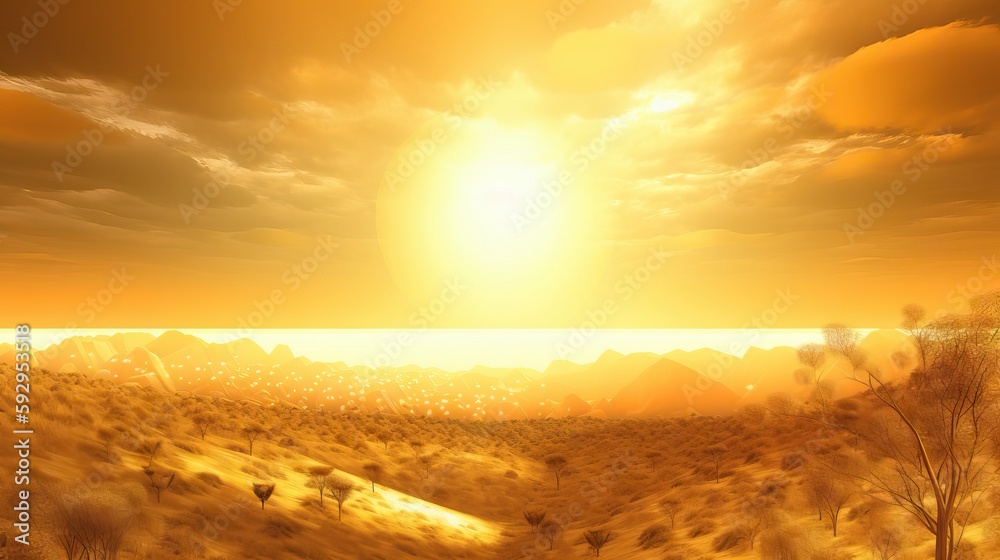Fototapeta premium Hot summer, heat wave background, orange sky with clouds, glowing sun, Generative AI