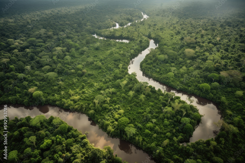 aerial view of the amazon jungle, with dense foliage and winding rivers