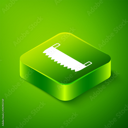 Isometric Two-handed saw icon isolated on green background. Green square button. Vector